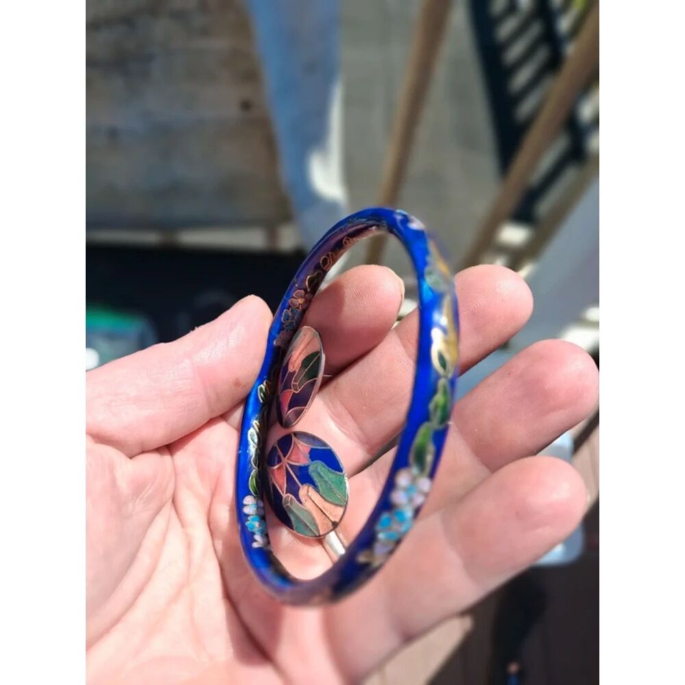 Vintage Cobalt Blue Cloisonne Enamel Floral Bangle Bracelet & Earrings Set